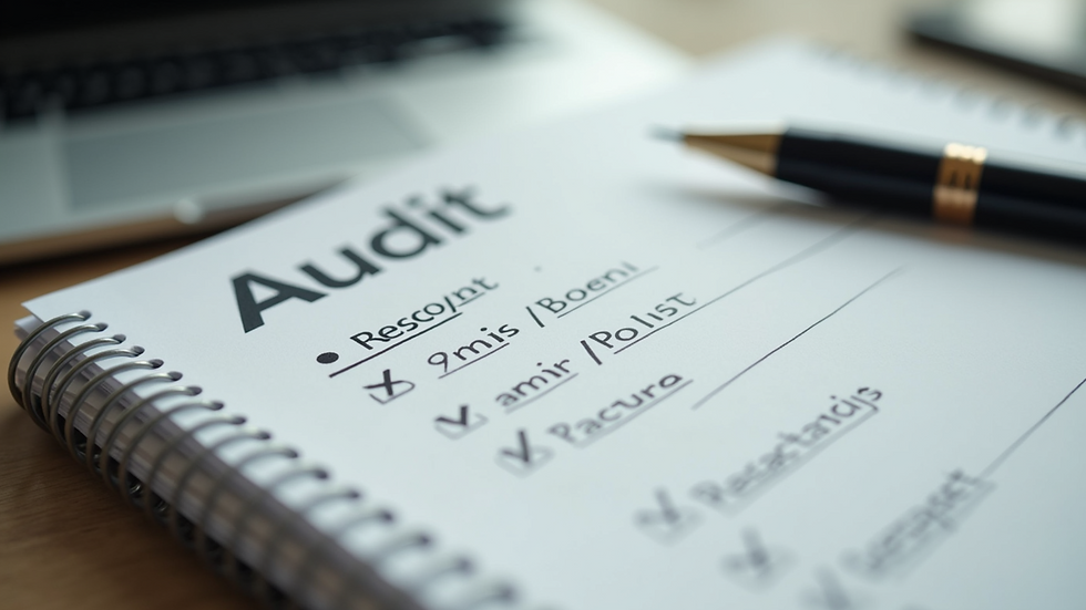 Close-up view of a notebook with brand audit notes and a pen