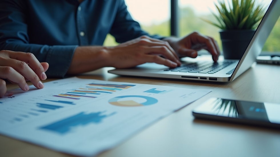 Eye-level view of a business team analyzing charts and graphs on a laptop