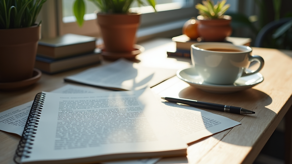 High angle view of a workspace with books, notes, and a coffee cup