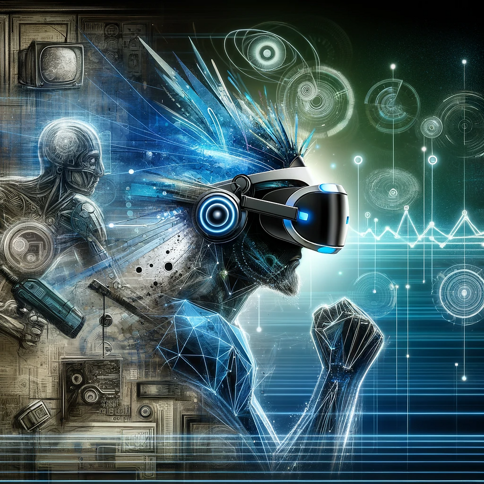 This dynamic and visually striking image features a timeline from early VR headsets to futuristic, advanced VR systems, blending virtual and real-world elements. It's suitable as a title image for your article about the evolution and future of VR Gaming.