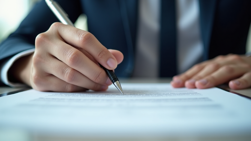 Close-up of a person reviewing legal documents with a pen