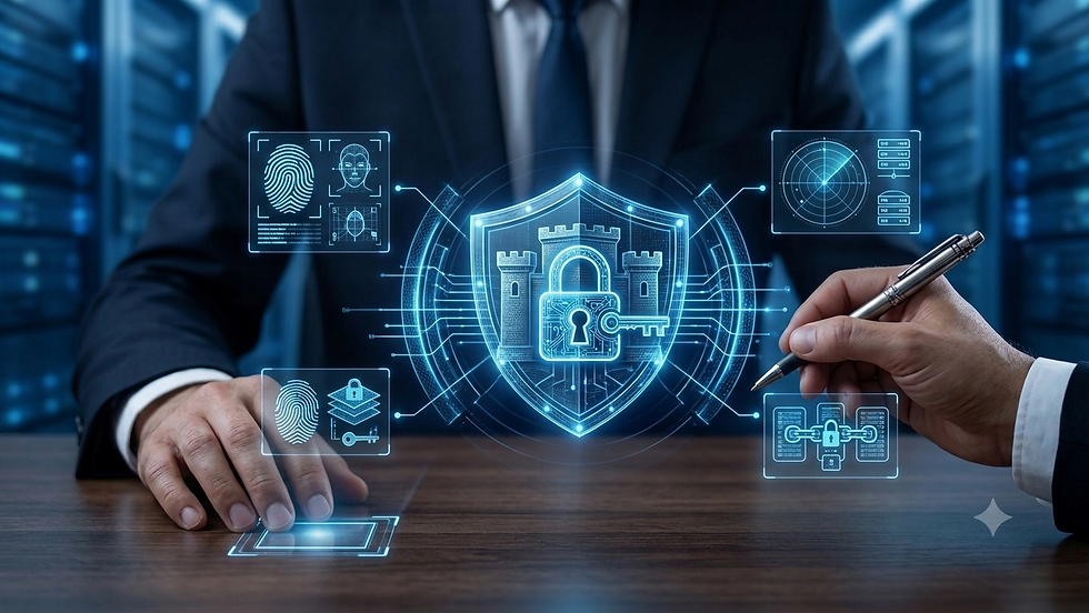 Digitale Sicherheitsgrafik mit Schloss, Schutzschild und biometrischen Symbolen zur Darstellung geschützter Finanzdaten im Treasury Management.