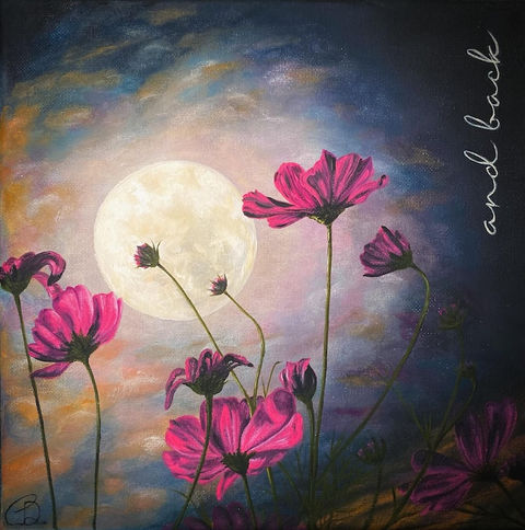 Custom acrylic landscape painting of flowers and moon, commissioned as a gift for collector in Windsor, Ontario. I love you to the moon and back.