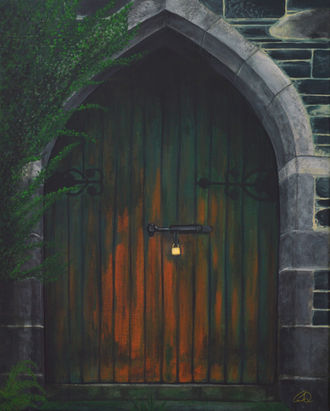 Commission custom acrylic architectural painting of a mysterious rustic door. Painted in Innisfil, Ontario Canada.