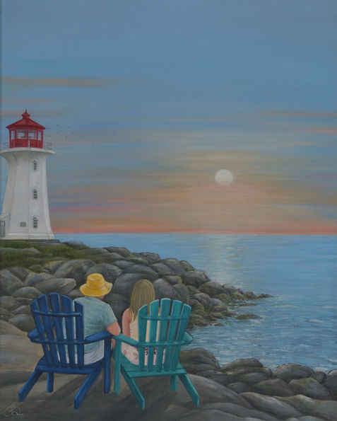 Commission custom acrylic landscape painting of a couple enjoying a beautiful sunset, painted from collector memory photo of Peggy's cove in Nova Scotia with a nod to British Columbia, Canada. 