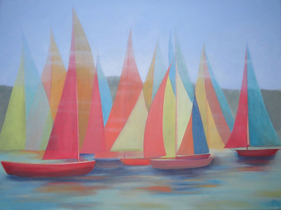 Commission custom acrylic landscape painting of sailboats painted from collector inspo from Vancouver Island, Canada.