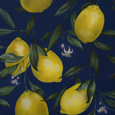 Color of the Year 2020. custom acrylic trendy painting of yellow lemons. Featured at The Super Wonder Gallery in Toronto, Ontario Canada.