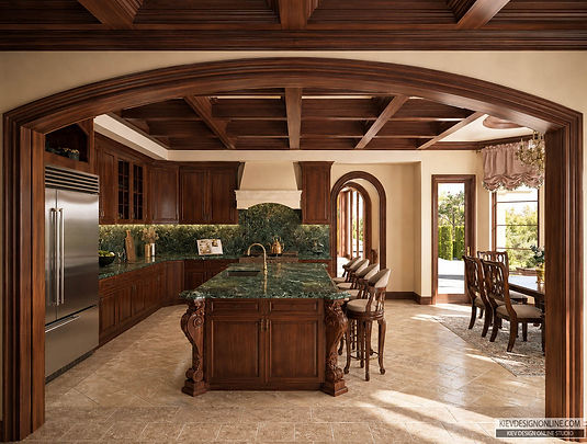 Mediterranean kitchen interior design with central island and dark wood cabinets