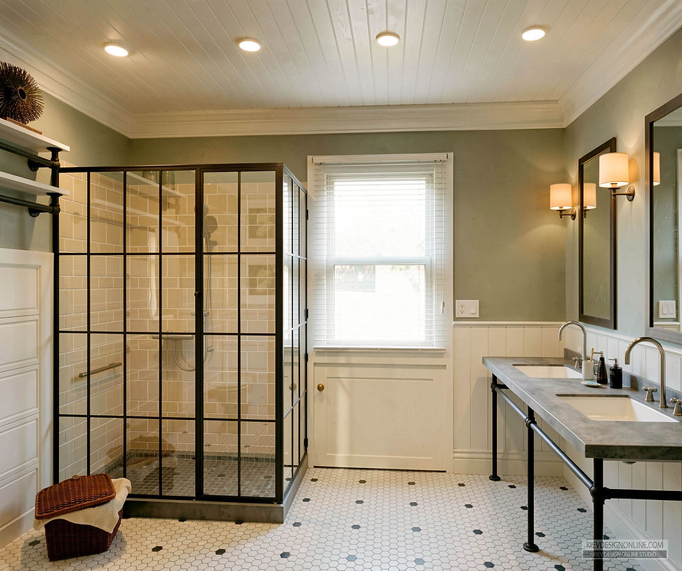 Traditional bathroom interior with black-framed shower, double vanity and marble countertop