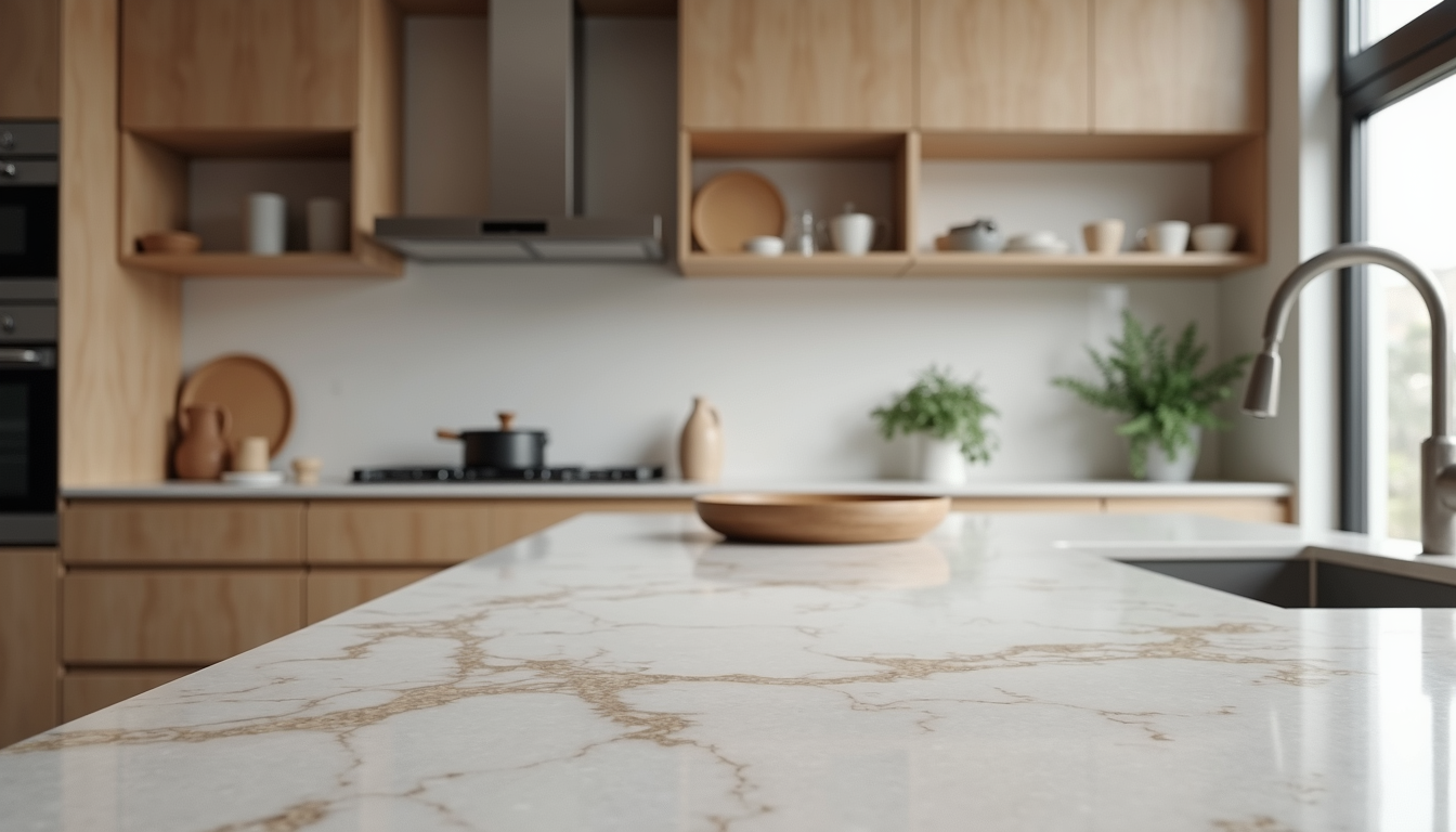 Eye-level view of a modern kitchen featuring quartzite countertops
