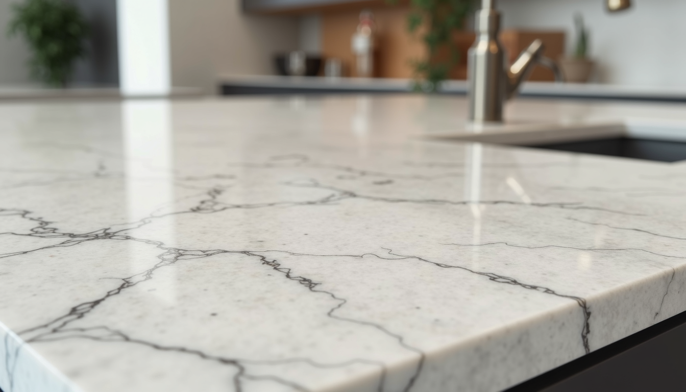 Close-up view of a polished quartzite countertop with natural veining