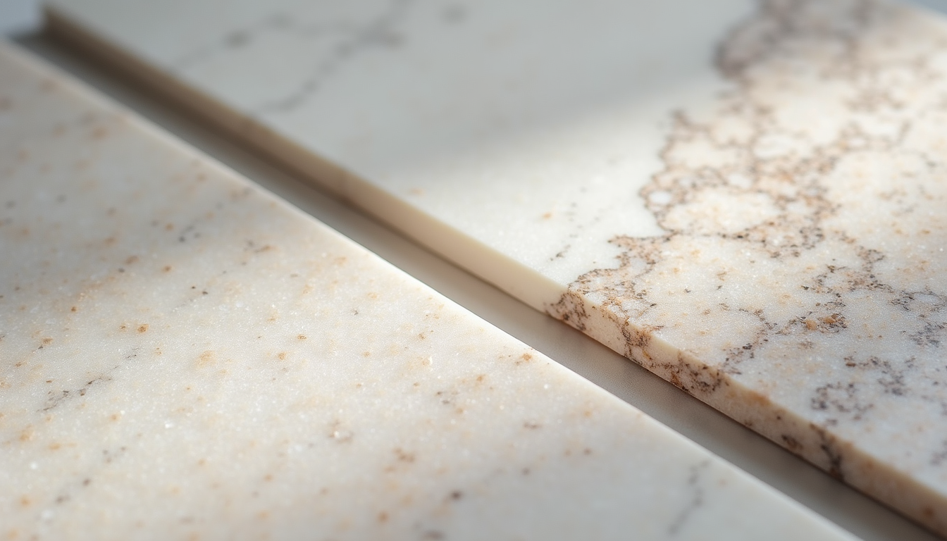 High angle view of quartz and quartzite countertop samples side by side