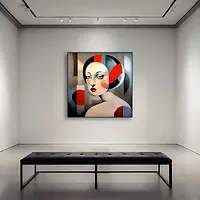 A gallery room showing an cubist portrait composed of angular planes in blue, orange, white, and black. The stylized face features red lips, arched brows, and half-closed eyes.