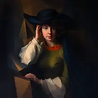 Source image of a portrait of a person in a dark hat and green garment with white sleeves, set against abstract shapes.