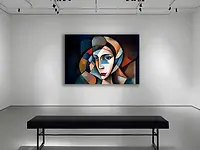 A modern room in gallery showing a fractured face emerging from shadow—blue eyes lit like cold neon, red lips a whispered danger, each angular plane a shard of a story the night refuses to tell.