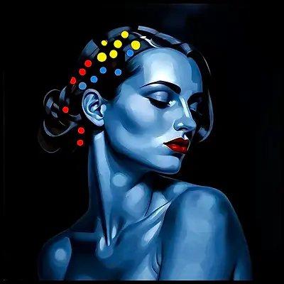 A blue‑toned portrait of a woman with closed eyes, red lips, an elegant updo, and a semicircle of colorful dots arcing across her hair against a black background. AI created