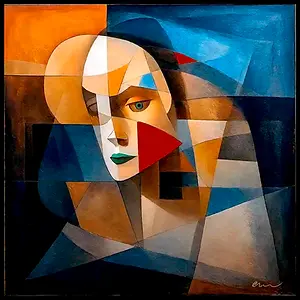 A cubist face built from angular blue, orange, and brown shapes, with one realistic blue eye, green lips, and red accents layered across intersecting geometric planes.
