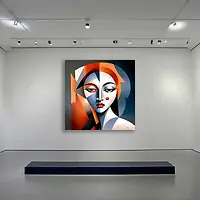 A gallery room showing a symmetrical cubist artwork with angular planes and color contrast shaping a stylized face.