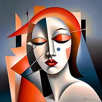 Stylized cubist portrait composed of angular and curved planes in red, orange, blue, and gray. The face features closed eyes, vivid red lips, and a single blue dot on the cheek,