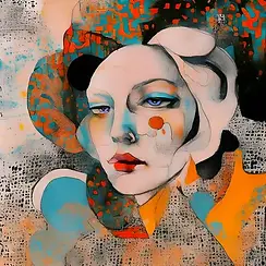 Abstract digital portrait of a woman with blue eyes and red lips, her realistic features overlaid with geometric shapes in orange, blue, black, and white.