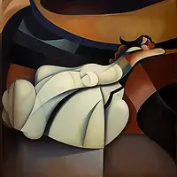 The source image for abstract figure in a flowing white dress, surrounded by geometric shapes suggesting motion and depth.