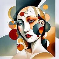 Abstract digital portrait of a woman with elongated eyes and red lips, layered with geometric shapes in muted orange, red, gray, and beige