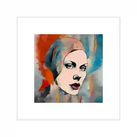 A portrait of a woman with a calm, direct gaze, her face framed by a headscarf that dissolves into a wash of orange, blue, and gray. The colors blend in a watercolor‑like texture, giving the image a soft, atmospheric quality.