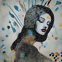 Stylized blue‑and‑white portrait with red lips, surrounded by soft geometric shapes and a cracked texture.