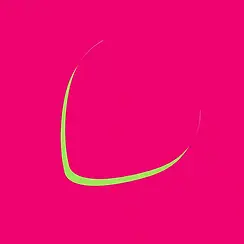 Abstract image with a vivid magenta background and a smooth lime‑green looped curve flowing across the center.