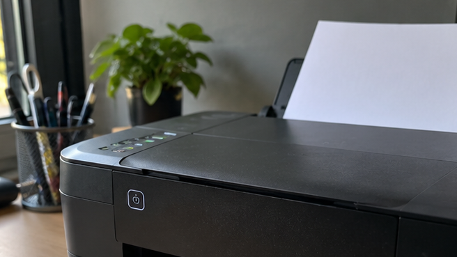 Imprimante multifonction noire posée sur un bureau, prête à être examinée
