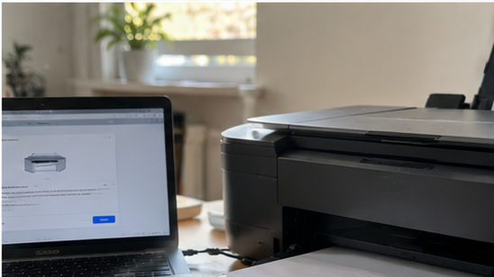 Imprimante multifonction et ordinateur portable côte à côte sur un bureau