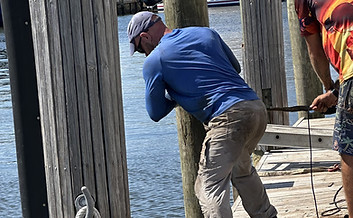 Contractor installing wood pilings for dock foundation in Coconut Grove FL