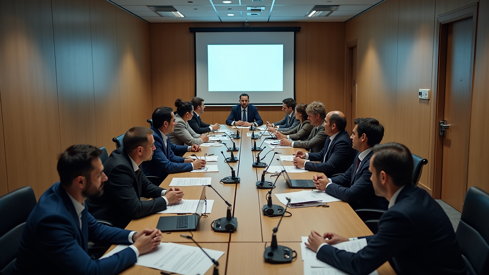 High angle view of a conference room filled with diverse leaders collaborating