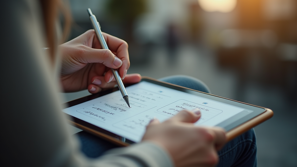 Close-up view of a person taking notes while watching an online course on a tablet