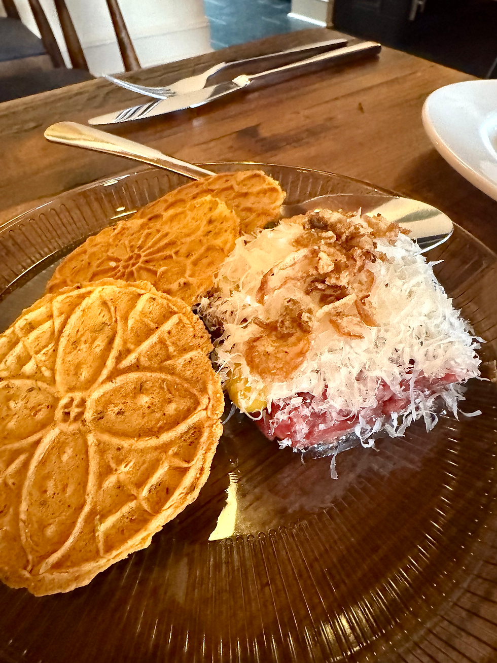 Beef tartare with parmesan pizzelles