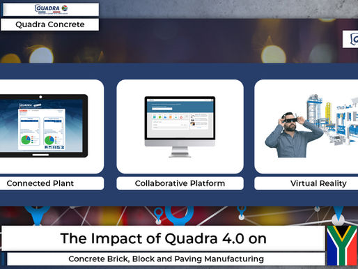 A high-quality display of concrete blocks and paving produced using Quadra 4.0 technology. The image highlights the precision of Quadra Vibrating presses and the future of precast concrete manufacturing in South Africa.