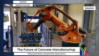 Quadra Concrete robotic arm using a custom KUKA industrial robot and specialized handling clamp for automated concrete masonry and block production.