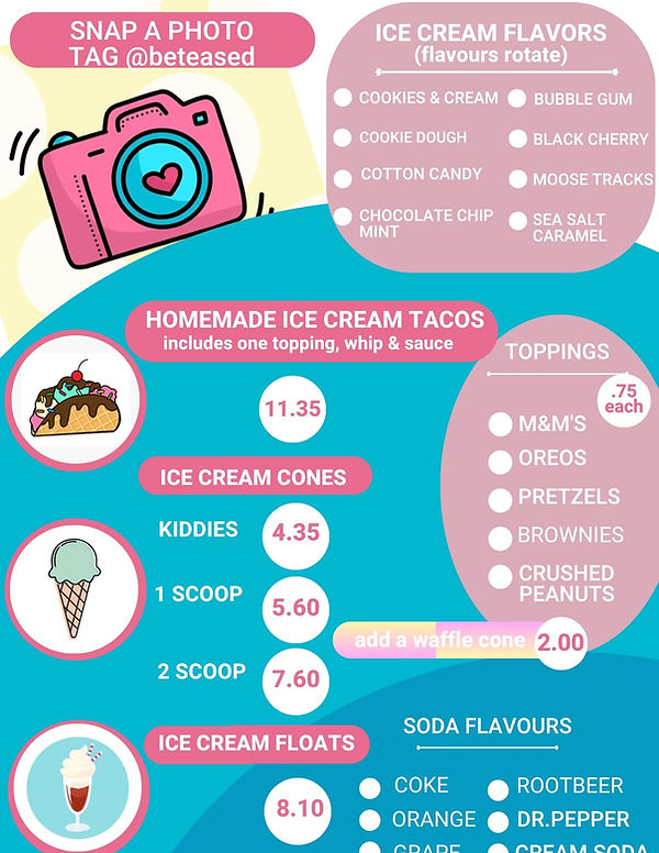 Be Teased ice cream menu featuring handcrafted ice cream tacos, creative toppings, and bold dessert flavors in Scotch Creek