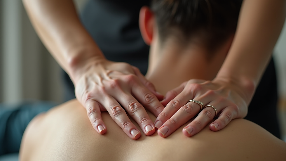 Close-up view of hands performing a fascia release technique on a client’s back