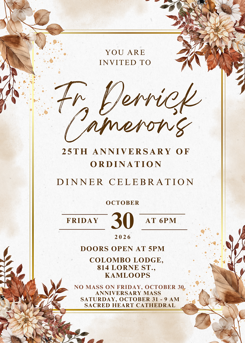 You are invited to Father Derrick Cameron's 25th Anniversary of Ordination Dinner Celebration!