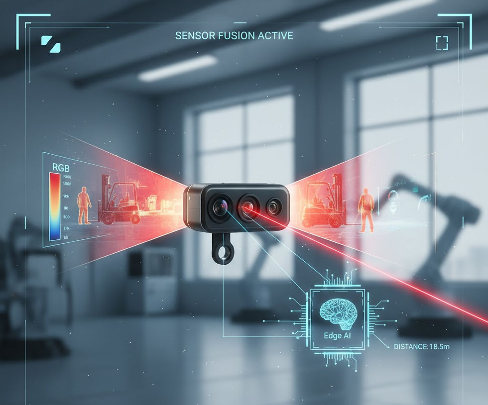 AI sensor in a lab analyzes human and forklift with red beams. Text: "SENSOR FUSION ACTIVE", "Edge AI", "DISTANCE: 18.5m". High-tech mood.