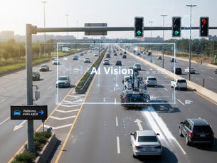 Traffic on multi-lane highway with "AI Vision" overlay, traffic lights, and parking sign. Daytime cityscape, clear sky.