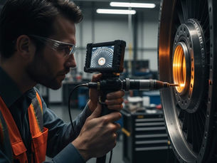 A professional engineer using a handheld industrial borescope with a semi-rigid probe to inspect the internal components of a complex aircraft engine in a high-tech workshop.
