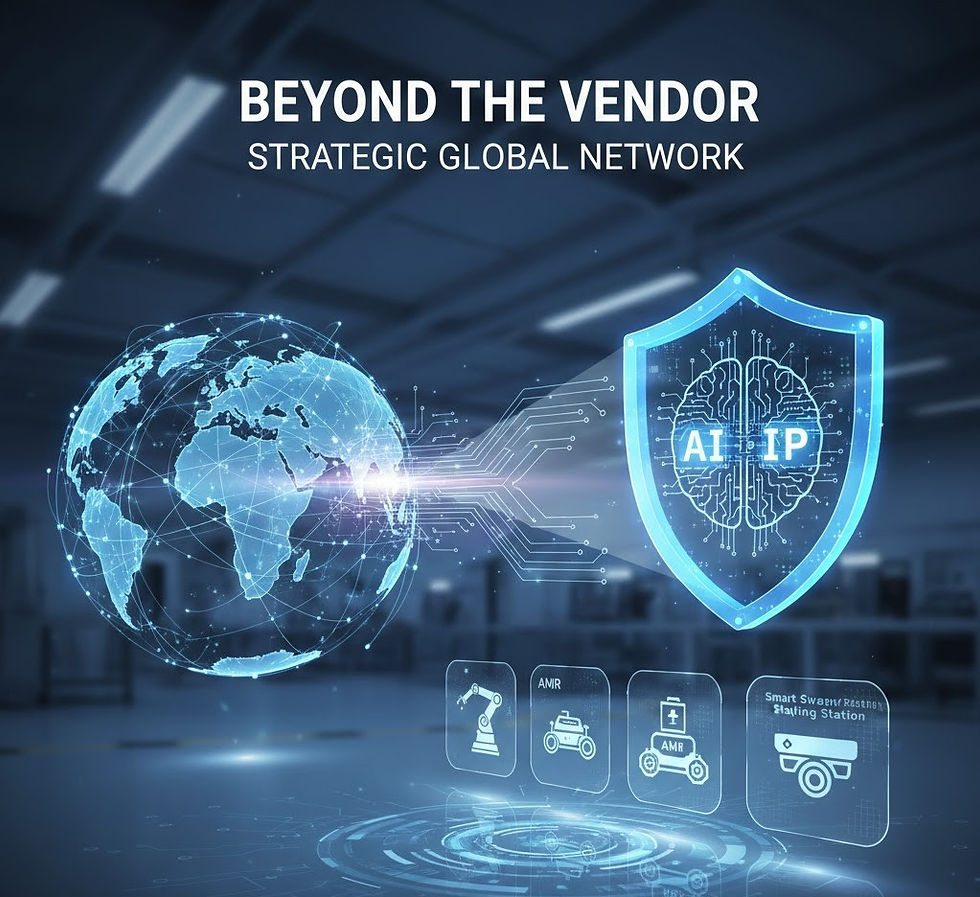 Glowing digital globe, shield with AI and IP, and tech icons in a futuristic setting. Text: "Beyond the Vendor, Strategic Global Network."