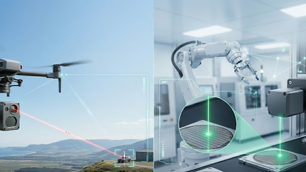 A drone with lasers flies over a landscape; a robotic arm operates in a high-tech lab, focusing on microchips. Blue skies, advanced tech.