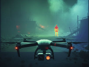 A professional dual-lens drone flying through a dark, smoke-filled industrial environment. A transparent overlay shows a glowing red human heat signature detected by thermal imaging, highlighting the zero-photon advantage of infrared sensing over visible light.