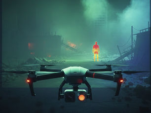A professional dual-lens drone flying through a dark, smoke-filled industrial environment. A transparent overlay shows a glowing red human heat signature detected by thermal imaging, highlighting the zero-photon advantage of infrared sensing over visible light.