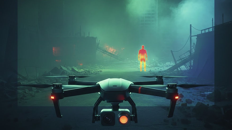 A drone flies towards a glowing red thermal image of a person in a misty, abandoned cityscape with collapsed buildings under greenish light.