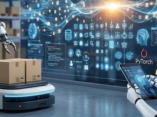 A robot with a tablet controls a robotic arm lifting boxes in a warehouse. Digital graphics with tech logos like PyTorch, TensorFlow in the background.