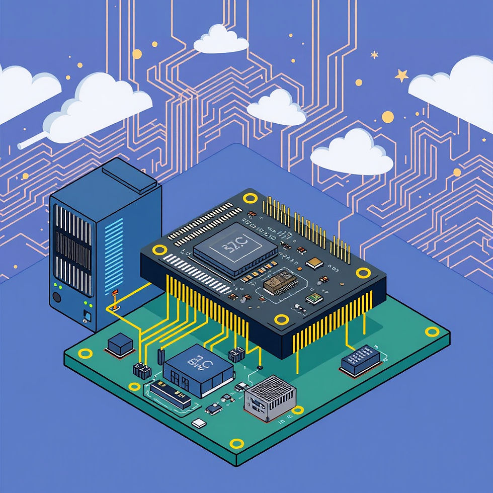 Microchip on a blue circuit board with a cloud and circuit pattern background. The chip reads "21C" and is surrounded by vibrant circuitry.